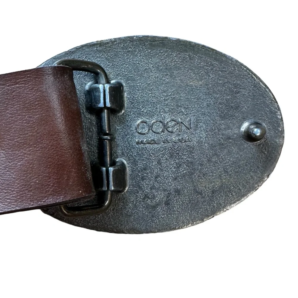 Oden Brown Leather Belt with Personalized -MARK- Name Buckle Size 26”-28”